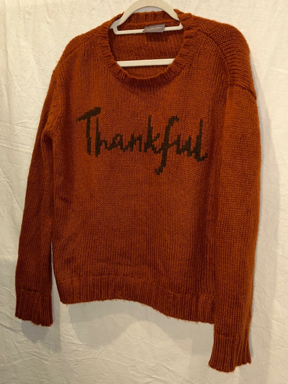 Wooden Ships Burnished orange "THANKFUL" intarsia knit crew neck sweater M L